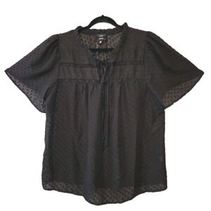 Flower & Feather Black Swiss Dot Blouse Crochet Accent Tie-Neck Top Cottagecore